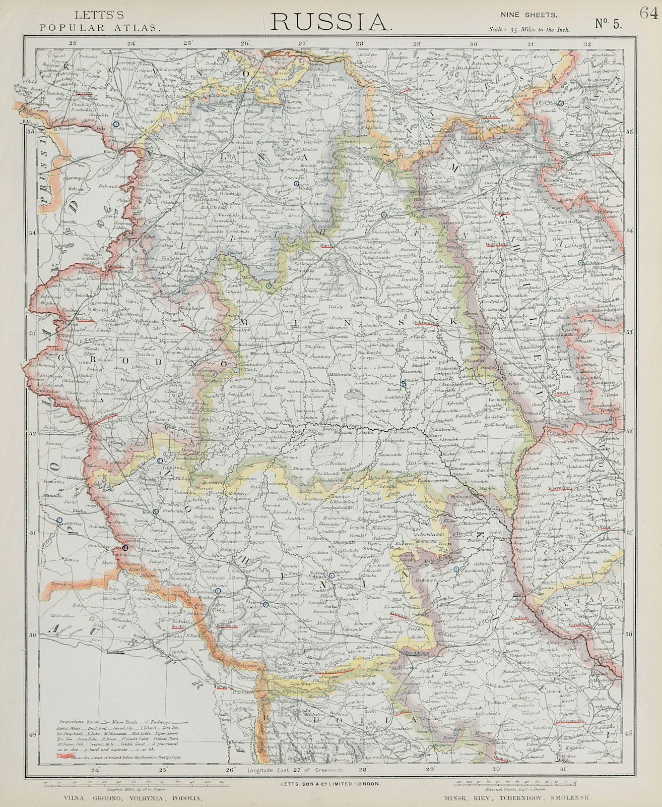 EAST EUROPE Vilnius Belarus Lithuania Grodno Podolia Minsk Kiev LETTS 1884 map